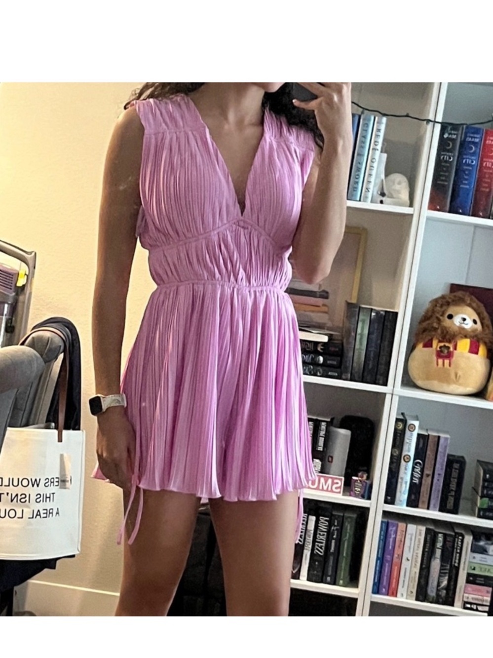 Pleated V-Neck Mini Romper Dress in Light Purple